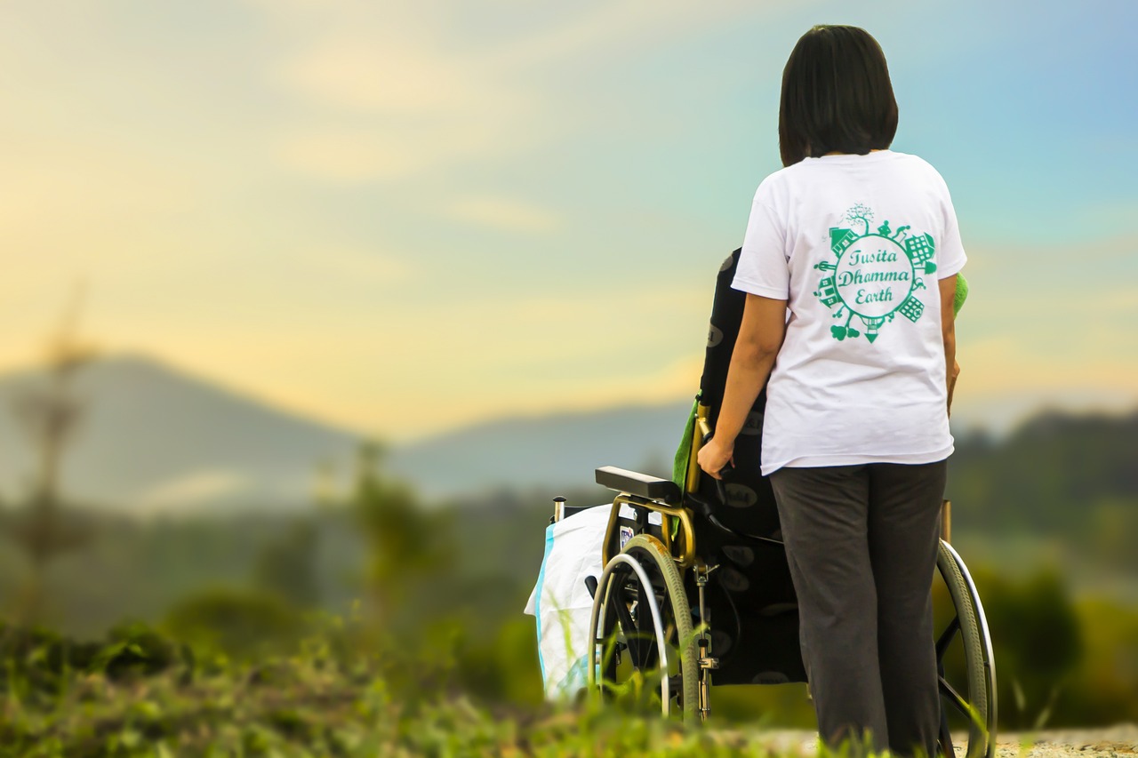 自然のなかで白いTシャツの方が車いすを押してる後ろ姿の写真